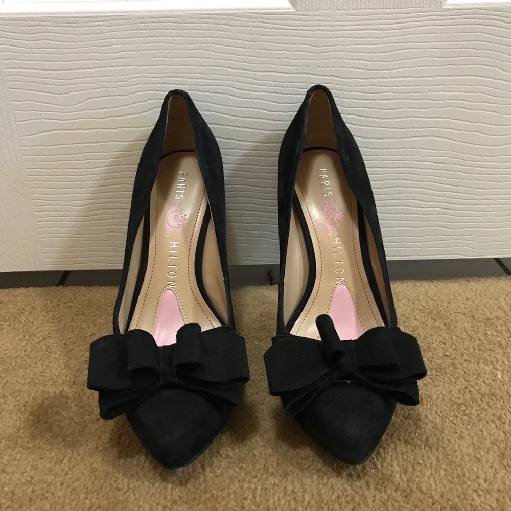 Black suede bow heels
